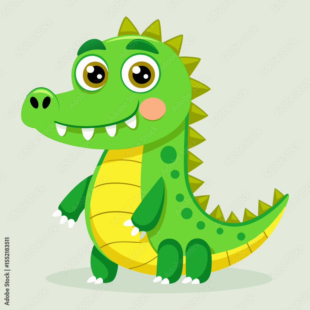 Fototapeta premium Cute cartoon green dinosaur with big eyes and a friendly smile
