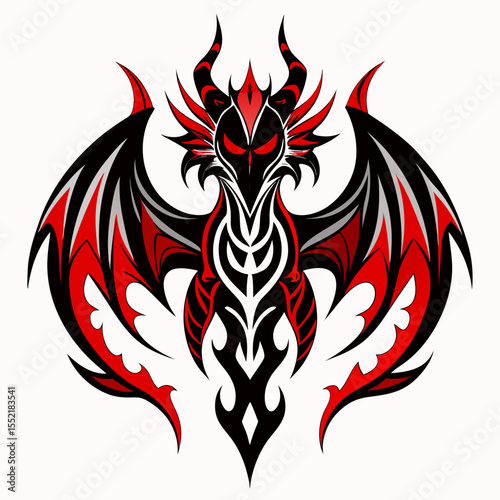 Stylized tribal dragon with red and black wings and fiery accents