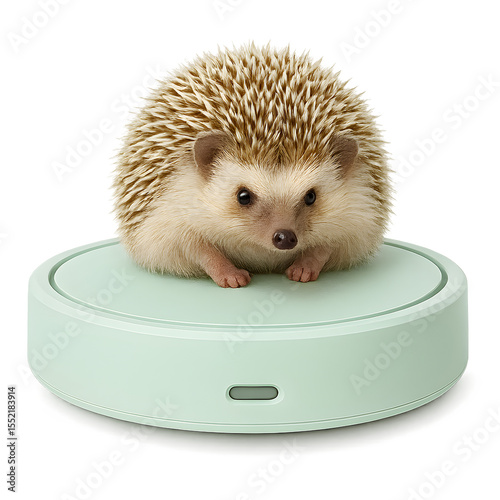 Adorable hedgehog sitting on mint-green robot vacuum cleaner – isolated on white background