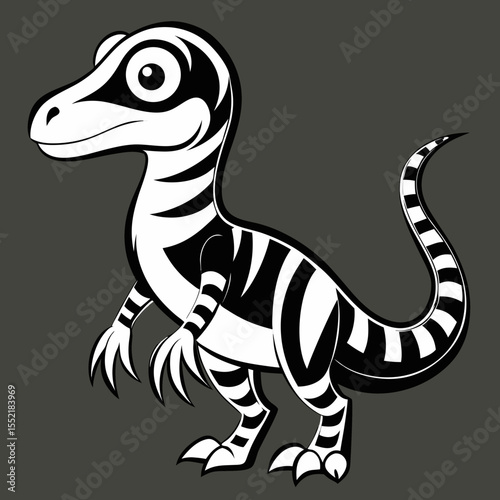 Cute cartoon velociraptor dinosaur with black and white stripes on a gray background