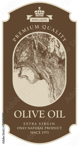 Olive or olive oil vector label design with old olive tree, frame and premium quality inscription in vintage style. Suitable for logo, packaging, sticker, banner. No AI used