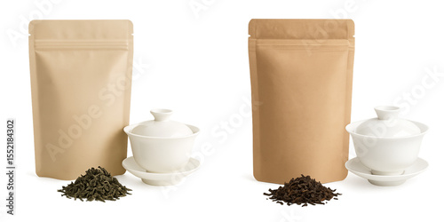 Kraft stand-up pouches with loose green and black tea and white gaiwan – isolated product mock-up on white background