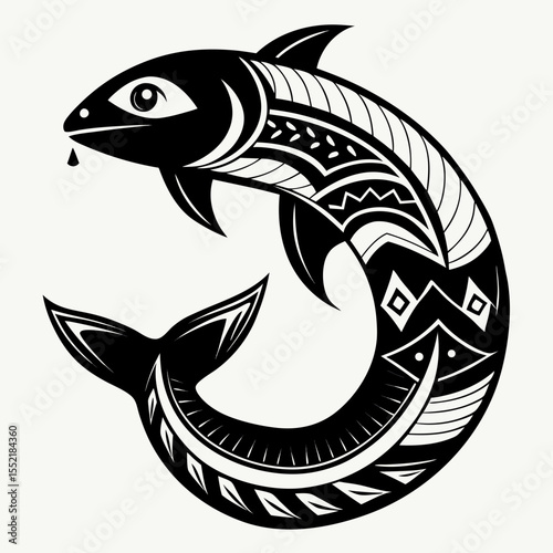 Stylized black fish with tribal patterns and a droplet of water