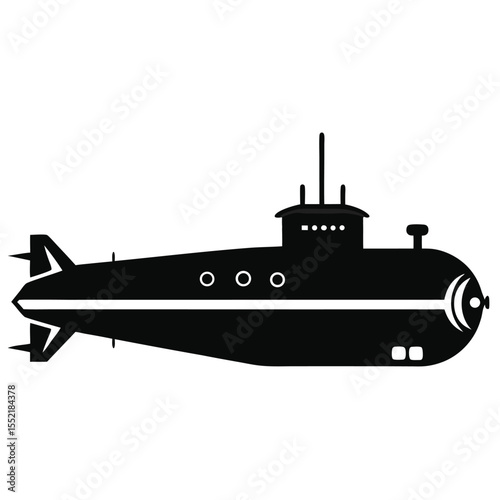 Silhouette Illustration of a Submarine with Fins, Antenna, and Portholes in Black