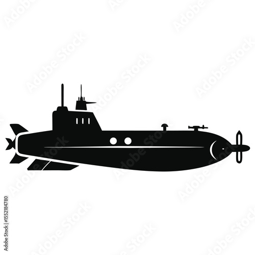 Detailed Silhouette of a Navy Submarine with Antennas, Periscopes, and Propellers Visible
