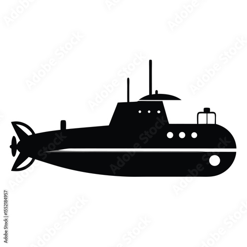 Black Submarine Silhouette with Propellers, Antennas, and Ports Illustration, Side View