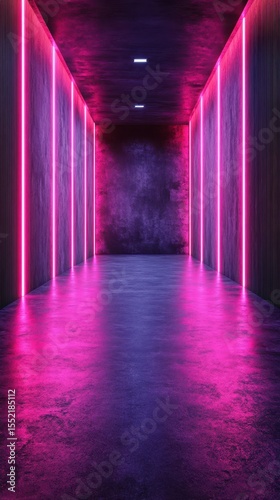Vibrant pink neon hallway creating a futuristic atmosphere in an urban setting at night