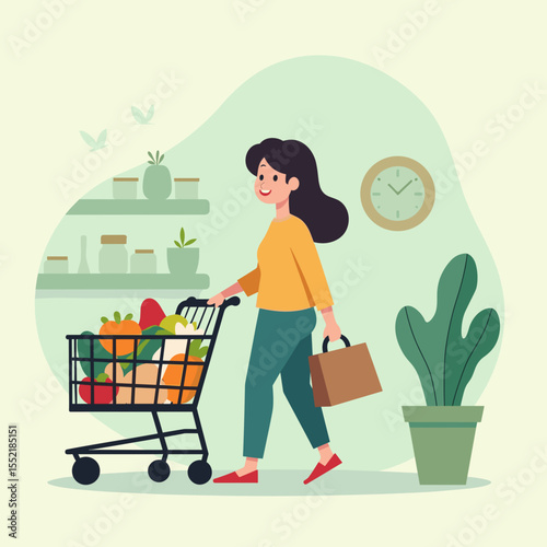 woman shopping with grocery cart in a modern kitchen setting
