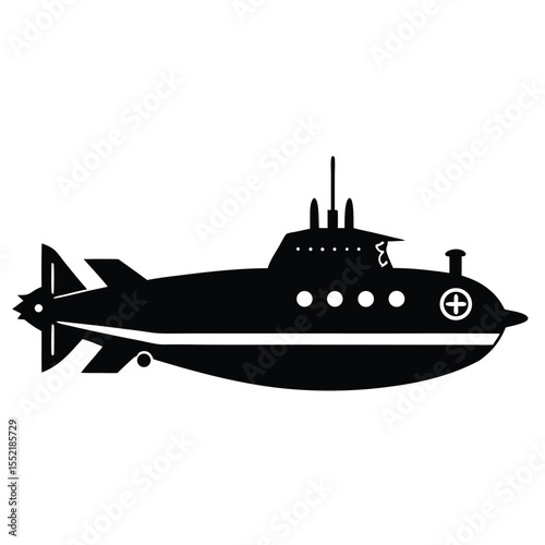Silhouette of Black Submarine with Visible Propellers, Domes, and Additional Details