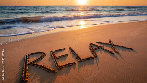 the word RELAX written on the sand of an ocean beach, with soft waves crashing on the shore.