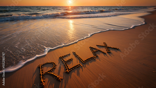 the word RELAX written on the sand of an ocean beach, with soft waves crashing on the shore.