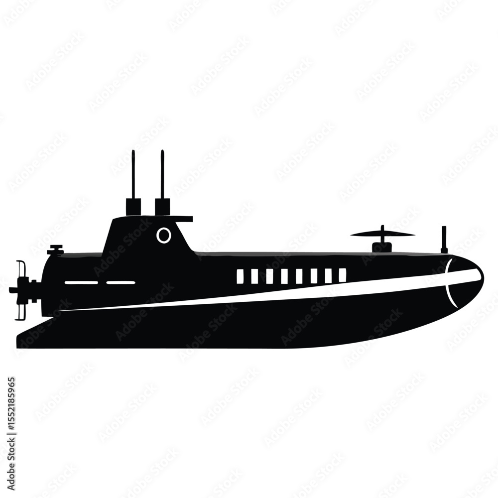 Obraz premium Black Submarine Illustration with Antennas, Windows, Propellers, and White Stripe Detailing