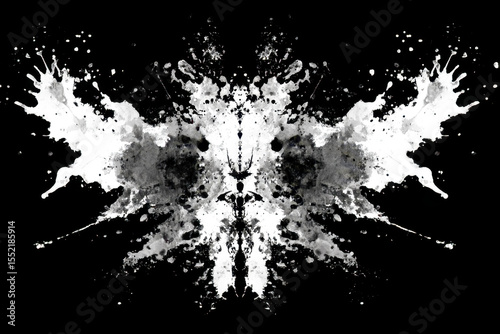 Abstract black and white ink splatter resembling butterfly wings