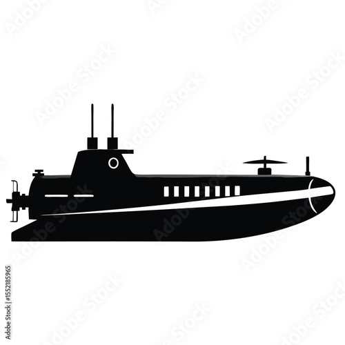 Black Submarine Illustration with Antennas, Windows, Propellers, and White Stripe Detailing