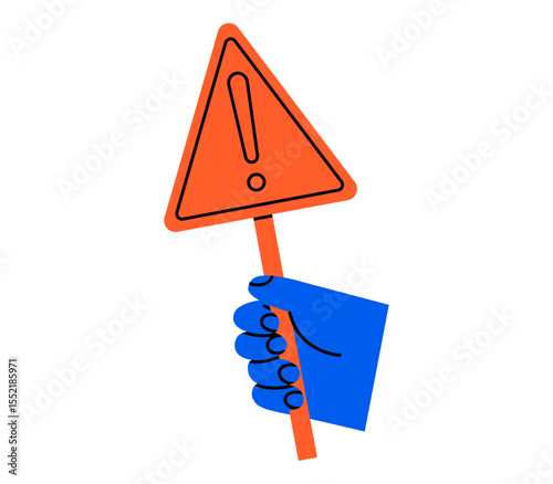 Hand drawn cute cartoon illustration of hand holding triangle warning sign. Flat vector road caution or stop symbol with exclamation mark in arm doodle. Under construction. Attention icon. Isolated.