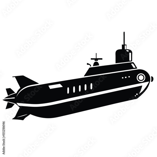 Black Submarine Vector Graphic with Rounded Windows and Antenna Details Illustration
