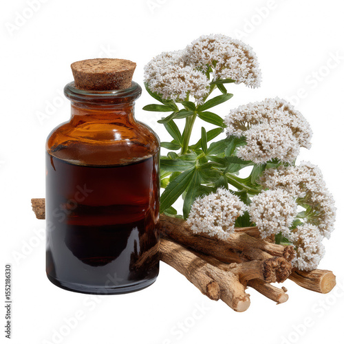 Valerian root extract bottle with flowers isolated on transparent background