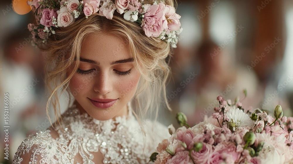 Naklejka premium Elegant bride with floral crown and pastel bouquet at a romantic wedding reception in soft natural light
