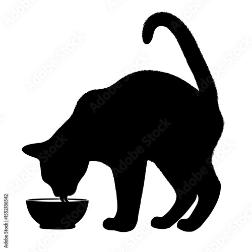 Cat silhouette eating from bowl, isolated vector image on transparent background