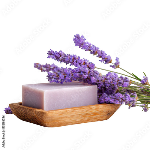 Lavender soap bar in wooden dish isolated on transparent background
