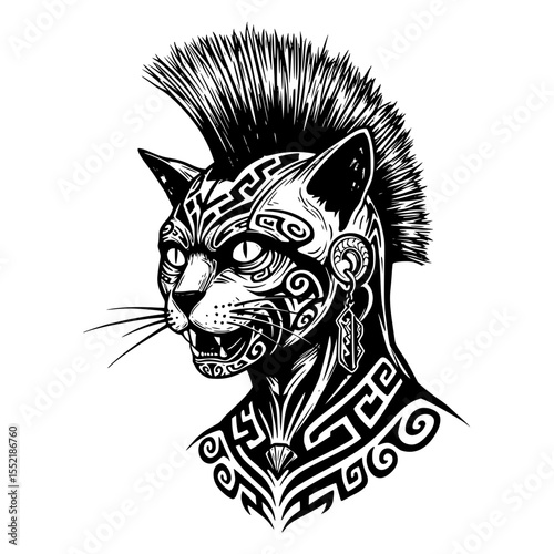 Stylized cat illustration with tribal tattoos and mohawk hairstyle, T-shirt print, isolated vector image on transparent background  