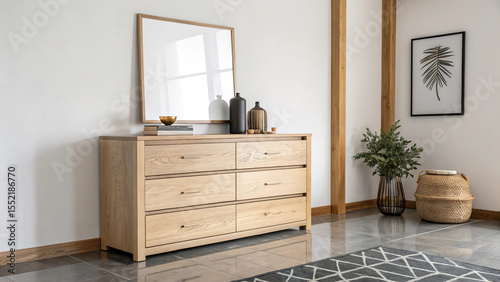 part of the room's interior, a stylish chest of drawers made of light wood, above which hangs a vertical rectangular frame with a white blank canvas.