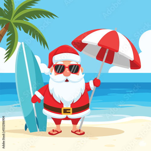 Summer Santa Claus with Surfboard and Umbrella Clipart