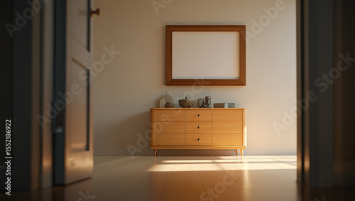 part of the room's interior, a stylish chest of drawers made of light wood, above which hangs a vertical rectangular frame with a white blank canvas.