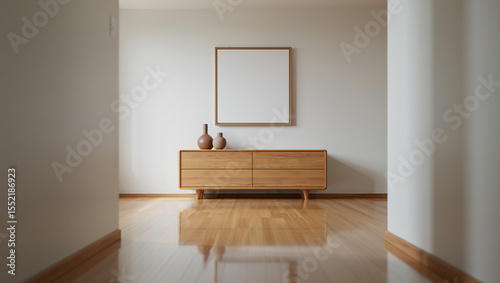 part of the room's interior, a stylish chest of drawers made of light wood, above which hangs a vertical rectangular frame with a white blank canvas.