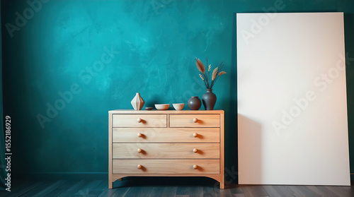 part of the room's interior, a stylish chest of drawers made of light wood, above which hangs a vertical rectangular frame with a white blank canvas.
