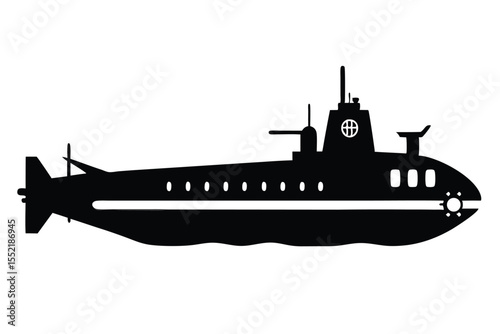 Detailed Black Submarine Silhouette With Windows, Hatch, Propeller, and Conning Tower