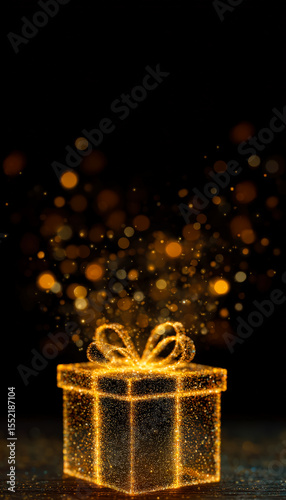 Glowing golden gift box with sparkling confetti and floating particles on a dark background