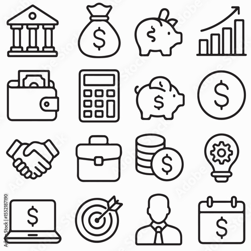 This image showcases a collection of simple, black line icons related to finance.