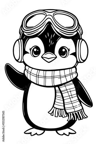 Ausmalbild: Lustiger Pinguin als Pilot Zeichnung – Kinderfreundliche Malvorlage in Schwarz-Weiß