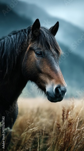 Majestic horse stands gracefully in a field during a cloudy day in the mountains of the countryside