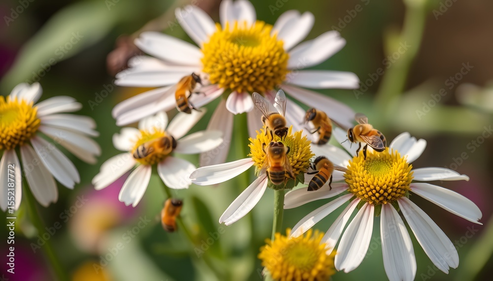 Obraz premium Bees gathering pollen on white daisies in a vibrant natural garden environment.