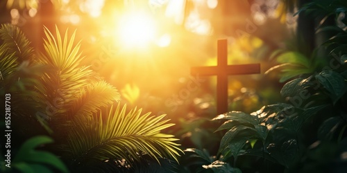 Sunlight streaming through lush greenery illuminates a wooden cross in a serene forest setting at dawn