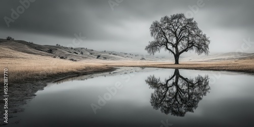 Majestic solitary tree reflecting on calm water in an open landscape under cloudy sky during early morning hours