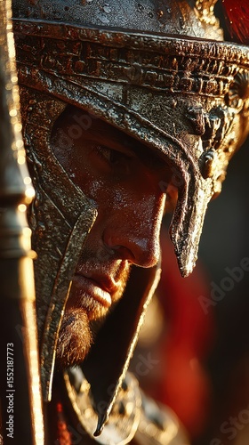 Historical warrior in ornate armor prepares for battle during golden hour in a vibrant medieval setting