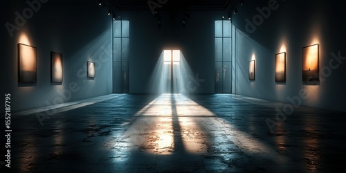 Light streaming through a gallery showcasing artwork during a quiet evening in a contemporary space
