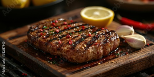 Grilled steak with herbs and spices served with lemon and garlic on a wooden platter