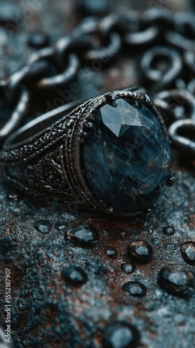 Intricate silver ring with dark gemstone placed on wet textured surface surrounded by droplets