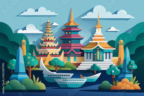 Vector illustration of a ship icon for summer travel in a city landscape