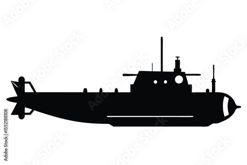 Detailed Silhouette of a Submarine with Antenna, Hatch, and Propeller Details Included