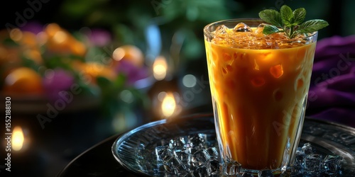 Refreshing iced drink served in a clear glass with mint leaves and ice cubes at a cozy evening setting