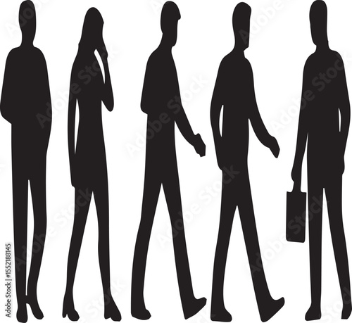 Human Silhouette Grid - Modular People Layout (Vector Diversity Set, Crowd Pattern, Team Matrix) - Black & White Outline Illustration