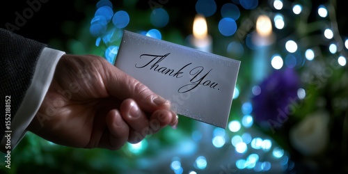 Elegant thank you card held in hand amidst soft bokeh lights and floral arrangements at a nighttime gathering