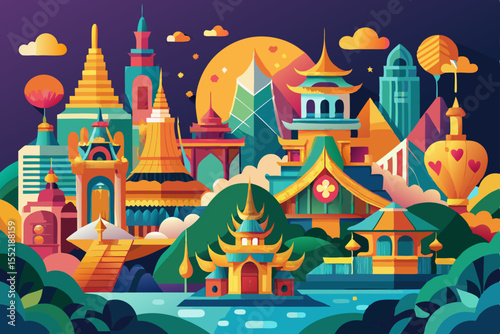 A charming cartoon fairy tale castle illustration nestled on a winter hill, complete with festive Christmas trees, a whimsical design, and an iconic tower against the sky