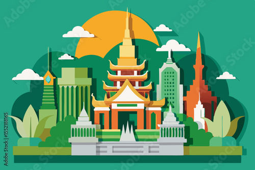Vector illustration of city architecture featuring urban landmarks, buildings, and trees, ideal for travel and design projects