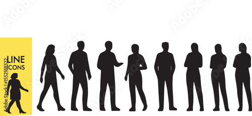 Human Silhouette Grid - Modular People Layout (Vector Diversity Set, Crowd Pattern, Team Matrix) - Black & White Outline Illustration